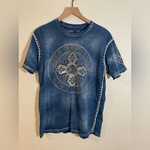 Vintage Y2K Affliction Live Fast Cross Acid Wash T Shirt Blue White Size Large